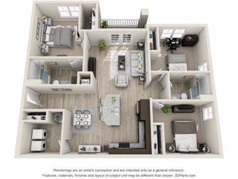 Floor plan for 3 beds, 2 baths, 1292 sqft